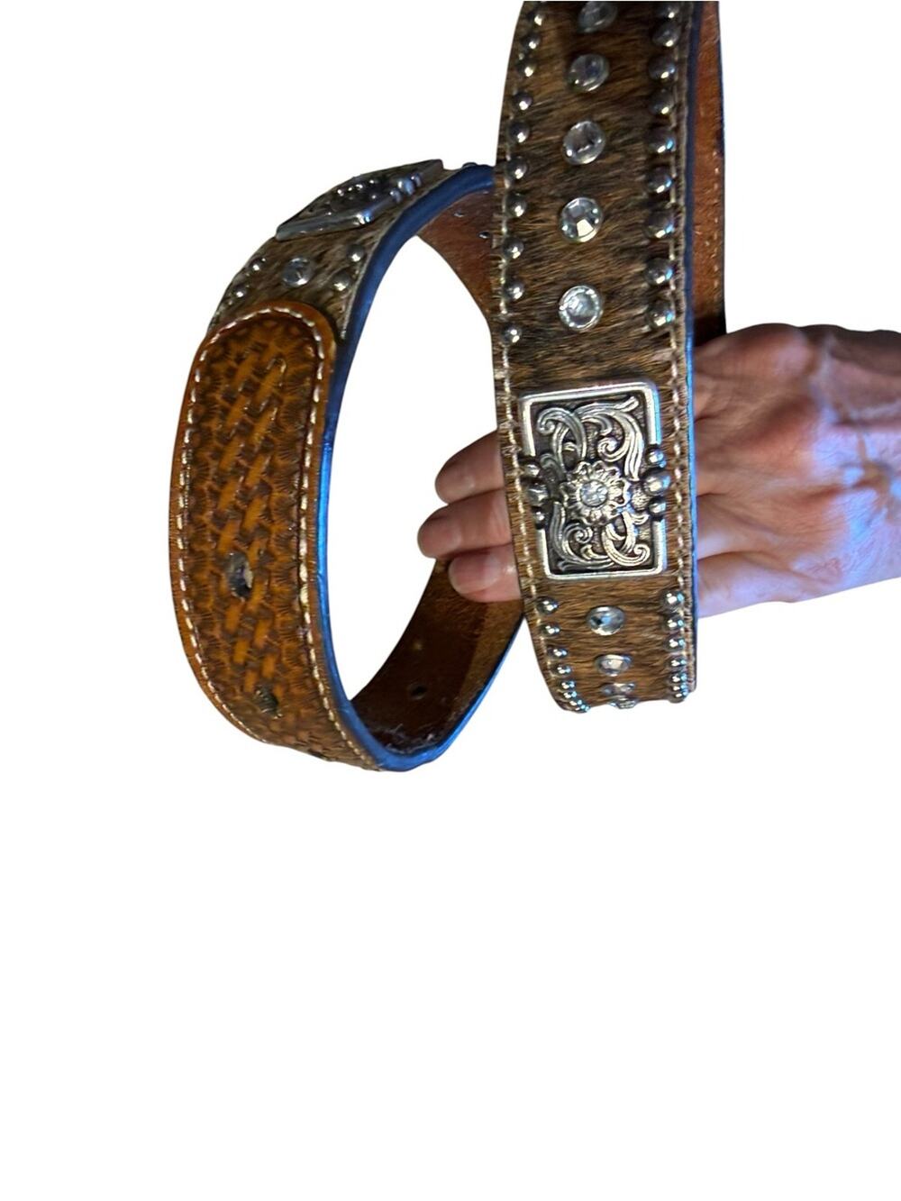 Studded Brown Hair-on Leather Belt with Crystal Accents Size 28 (no buckle)